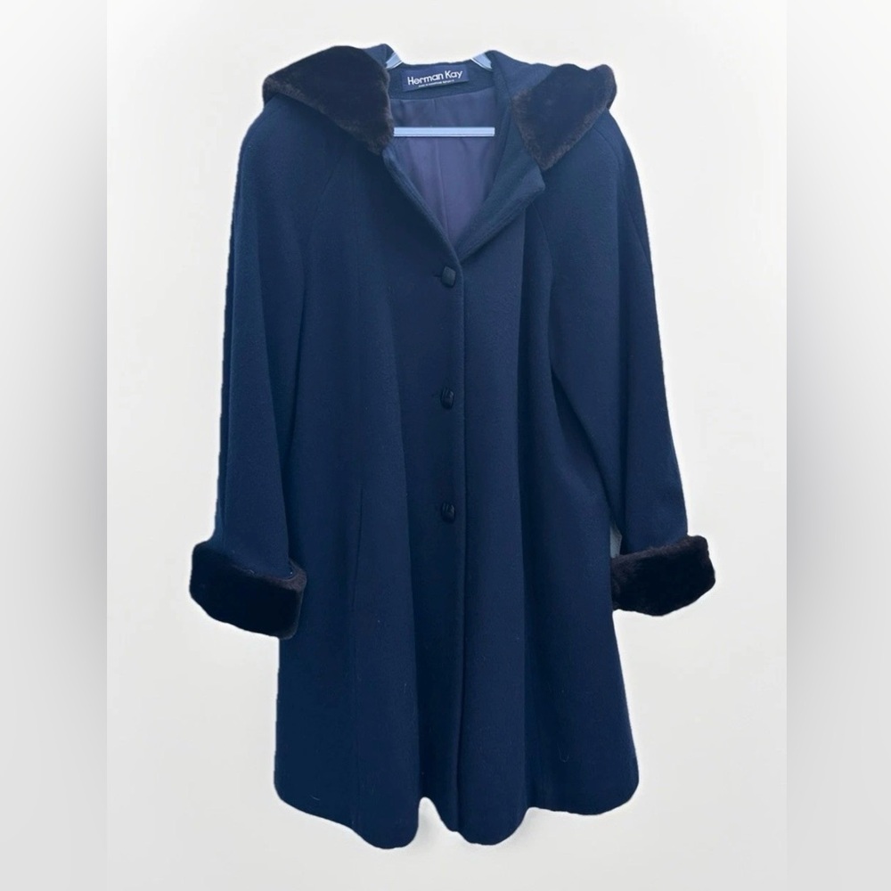 Vintage Coat Women 100% Wool Fur Trim Navy Blue Penny Lane Hood Sz 10 Herman Kay